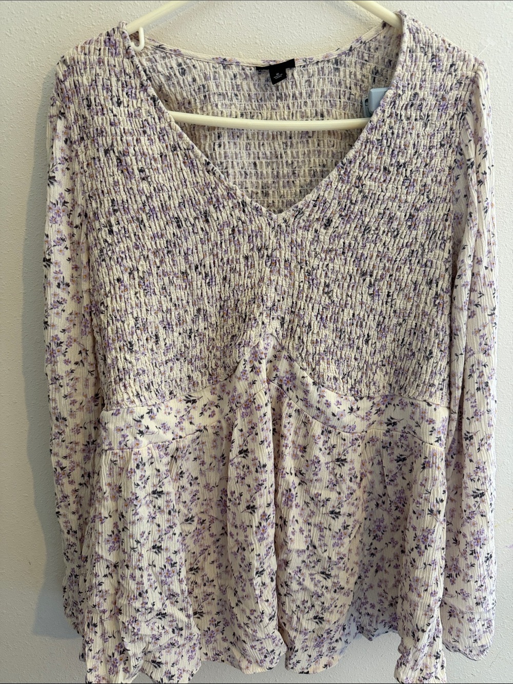 torrid Cream and Lavender Floral Smocked V-Neck Peasant Top